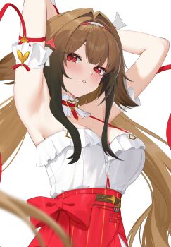 1girl 4kebidayo absurdres animal_ears armpits arms_behind_head arms_up bare_shoulders blush bow breasts brown_hair commentary_request droopy_ears fox_ears fox_girl hair_intakes hair_ornament hairband highres jewelry large_breasts long_hair looking_at_viewer official_alternate_costume parted_lips presenting_armpit red_bow red_eyes shirt solo upper_body very_long_hair white_hairband white_shirt ye_shunguang zenless_zone_zero