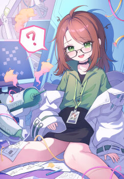 1girl ? ahoge barbara_erlenwein black_choker black_skirt black_survival brown_hair choker collared_shirt eternal_return:_black_survival glasses green_eyes green_shirt highres id_card jacket jacket_partially_removed jihi lanyard medium_hair messy_hair open_mouth paper pen pencil_skirt shirt sitting skirt solo sweat white_jacket wire