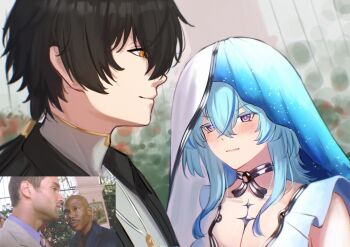 1boy 1girl bayris black_hair blue_hair blue_veil blush but_you_can&#039;t_prove_it_(meme) closed_mouth colored_eyelashes commentary dexter_(tv_series) english_commentary hair_between_eyes highres long_hair male_rover_(wuthering_waves) meme purple_eyes reference_inset rover_(wuthering_waves) screenshot_inset shorekeeper_(wuthering_waves) smile two-tone_veil veil white_veil wuthering_waves yellow_eyes