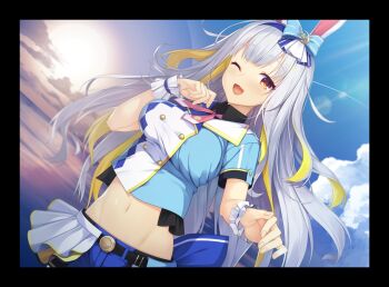 1girl :d animal_ears artist_request belt black_belt black_border blonde_hair blue_bow blue_shirt blue_shorts blue_sky border bow breasts brown_eyes buttons cloud commentary_request double-breasted dutch_angle frilled_wrist_cuffs frills grey_hair groin hair_bow hand_up impossible_clothes impossible_shirt large_breasts lens_flare long_hair looking_at_viewer midriff mochizuki_himari multicolored_hair navel neck_ribbon ocean official_alternate_costume official_art one_eye_closed open_mouth outdoors overskirt pink_ribbon puffy_short_sleeves puffy_sleeves rabbit_ears ribbon second-party_source shirt short_sleeves shorts sky smile solo streaked_hair two-tone_hair uni_create upper_body very_long_hair virtual_youtuber white_overskirt wrist_cuffs