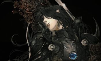 Rule 34 | 1boy, black background, black coat, black hair, black shirt, black theme, blue gem, closed mouth, coat, collared coat, commentary, d (vampire hunter d), flower, gem, hair over one eye, highres, jewelry, long hair, male focus, megasus, necklace, one eye covered, open clothes, open coat, pointy ears, popped collar, rose, shirt, simple background, solo, turtleneck, upper body, vampire hunter d