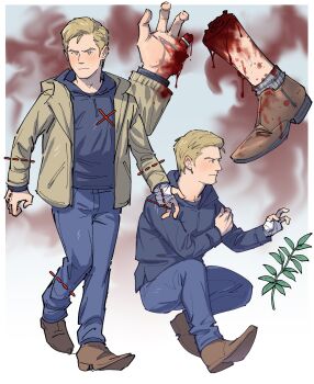Rule 34 | 1boy, bandaged hand, bandages, blonde hair, blood, blood on clothes, blood on shoes, blue eyes, blue hoodie, blue pants, blush, border, brown footwear, closed mouth, commentary, denim, disembodied leg, drawstring, english commentary, ethan winters, frown, highres, holding own arm, hood, hood down, hoodie, injury, jacket, jeans, jewelry, kalamari, layered sleeves, leaf, long sleeves, looking to the side, male focus, missing finger, multiple views, open clothes, open jacket, pants, plant, resident evil, resident evil village, ring, sideways glance, socks, white border, white socks, yellow jacket