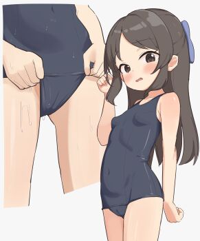 1girl blush breasts brown_eyes brown_hair covered_navel female_focus hair_ribbon highres idolmaster idolmaster_cinderella_girls idolmaster_cinderella_girls_u149 kok legs loli looking_at_viewer one-piece_swimsuit ribbon school_swimsuit self_wedgie small_breasts solo standing swimsuit tachibana_arisu thighs wedgie white_background