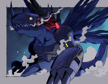 cowboy_shot cyborg digimon digimon_story:_time_stranger dinosaur dust grey_background horns mechanical_arms metalgreymon_(virus) red_hair sei_(seiryuuden) single_mechanical_arm slit_pupils torn_wings wings yellow_eyes