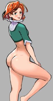 1girl ass bottomless butt_crack final_fantasy final_fantasy_tactics frimelda_lotice gluteal_fold green_eyes highres looking_at_viewer looking_back red_hair short_hair simple_background solo sunbeam_(artist)