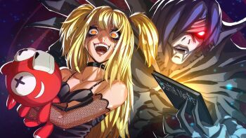 1girl 1other absurdres amane_misa bandage_over_one_eye bare_shoulders belt_collar black_choker black_dress black_gloves blonde_hair bone book breasts choker cleavage collar collarbone colored_skin commentary crazy_eyes crazy_smile cross_in_eye death_note death_note_(object) dress easterhands elbow_gloves english_commentary eyebrows_hidden_by_hair fang fang_out fingernails fishnet_gloves fishnets furrowed_brow gloves glowing glowing_book glowing_eyes goth_fashion hairband highres holding holding_book hugging_doll hugging_object lips long_bangs long_hair looking_at_viewer makeup no_pupils open_mouth orange_eyes parted_lips purple_background purple_hair purple_hairband purple_lips raised_eyebrows red_eyes red_lips rem_(death_note) runny_makeup shaded_face sharp_fingernails shinigami short_hair small_breasts smile stitched_torso stitches stuffed_animal stuffed_toy teddy_bear teeth tongue twintails upper_body white_skin