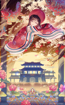 1girl ao_nhat_binh architecture black_hair closed_eyes closed_mouth cloud cloud_print commentary comt216 east_asian_architecture english_commentary flower highres khan_van lantern lantern_fish leaf lotus lotus_leaf moon original patterned_clothing petals red_flower tree vietnam vietnamese_clothes water wide_sleeves