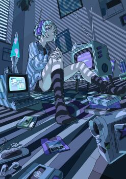 1girl antenna_hair cassette_tape computer earphones floppy_disk flower_pot full_body gaako_illust hand_on_own_knee headphones highres jacket kneehighs looking_at_viewer monitor no_shoes on_floor original phone rubik&#039;s_cube short_hair short_shorts shorts sitting socks solo television thermometer thighhighs video_camera videocassette