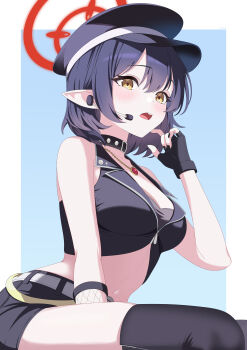 absurdres ayane_(blue_archive) ayane_(idol)_(blue_archive) baozi_9527 belt black_bra black_collar black_gloves black_hair black_hat black_shorts black_thighhighs black_vest blue_archive bra breasts collar commentary fingerless_gloves gloves grey_belt halo hat highres jewelry medium_breasts microphone navel necklace open_mouth pendant pointy_ears red_halo short_hair shorts single_earphone sitting solo teeth thighhighs underwear upper_teeth_only vest yellow_eyes