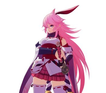 3d animal_ears arm_guards closed_mouth cowboy_shot detached_sleeves expressionless eyeliner fox_ears fox_mask hair_between_eyes hand_on_sheath honkai_(series) honkai_impact_3rd japanese_clothes kimono long_hair makeup mask obi official_art pink_hair plaid_clothes plaid_skirt pleated_skirt purple_eyes ribbon-trimmed_legwear ribbon-trimmed_sleeves ribbon_trim sash scarf short_kimono skirt solo sword thighhighs transparent_background very_long_hair weapon white_thighhighs wide_sleeves yae_sakura yae_sakura_(gyakushinn_miko)