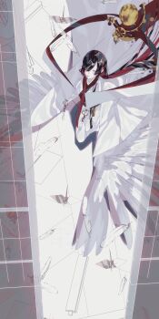 Rule 34 | 1girl, black hair, blunt bangs, colored inner hair, commentary, debg0423, fabric, falling feathers, fate/grand order, fate (series), feathers, gears, highres, japanese clothes, kimono, long hair, long sidelocks, low ponytail, miss crane (fate), miss crane (third ascension) (fate), multicolored hair, obijime, origami, paper crane, ponytail, red hair, shouji, sidelocks, sliding doors, solo, two-tone hair, very long hair, very long sidelocks, white feathers, white kimono, wide sleeves