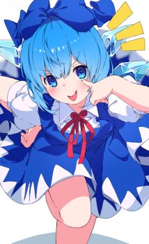 1girl akanbe blue_bow blue_dress blue_eyes blue_hair bow cirno dress eyelid_pull hair_bow kannpoyu neck_ribbon red_ribbon ribbon solo standing standing_on_one_leg tongue tongue_out touhou