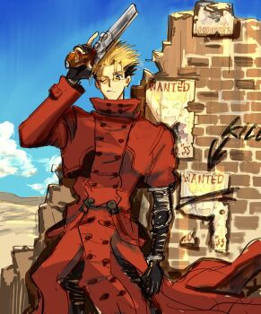 1boy black_gloves black_hair blonde_hair brick_wall closed_mouth coat commentary_request cow desert earrings glasses gloves gun handgun highres holding holding_gun holding_weapon jewelry long_coat male_focus mechanical_arms mole mole_under_eye momonga63282964 multicolored_hair one_eye_closed outdoors partially_fingerless_gloves red_coat short_hair single_earring single_mechanical_arm sketch solo trigun two-tone_hair vash_the_stampede wanted_poster weapon