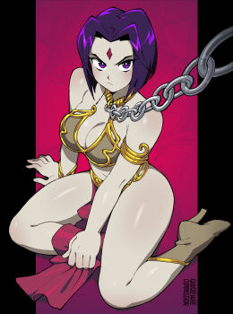 1girl ass belly_dancer breasts chain chain_leash chained cleavage cosplay dc_comics forehead_jewel frown harem_outfit huttslayer_leia huttslayer_leia_(cosplay) large_breasts leash loincloth princess_leia princess_leia_(cosplay) purple_eyes purple_hair qewie qqqewie rachel_roth raven_(dc) second-party_source short_hair slave slave_clothes star_wars teen_titans thick_thighs thighs