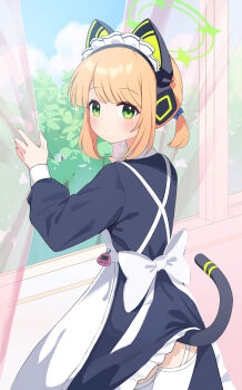 1girl absurdres animal_ear_headphones animal_ears apron back_bow black_dress blonde_hair blue_archive blue_bow blunt_bangs blush bow cat_ear_headphones cat_ears cat_tail closed_mouth clothes_lift commentary cowboy_shot curtain_grab curtains day dress dress_lift fake_animal_ears fake_tail frilled_dress frills from_behind garter_straps green_eyes green_halo hair_bow halo hands_up headphones highres indoors long_sleeves looking_at_viewer looking_back maid maid_headdress medium_hair midori_(blue_archive) midori_(maid)_(blue_archive) official_alternate_costume official_alternate_hairstyle ponytail puffy_long_sleeves puffy_sleeves short_ponytail sidelocks solo tail tail_raised thighhighs waist_apron white_bow white_thighhighs window xuga