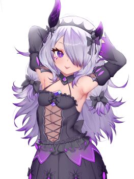 1girl absurdres armpits arms_behind_head arms_up black_dress breasts closed_mouth colored_tips commentary dress elbow_gloves english_commentary gloves grey_hair hair_over_one_eye highres hololive hololive_english horns koseki_bijou long_hair looking_at_viewer multicolored_hair purple_eyes purple_hair purple_horns semnomeart simple_background small_breasts solo tongue tongue_out virtual_youtuber white_background
