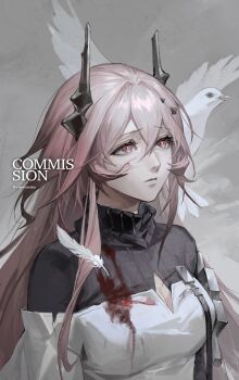 1girl absurdres arknights bird black_horns blood blood_on_clothes breasts bright_pupils chinese_commentary cleavage cleavage_cutout clothing_cutout commentary_request commission diamond_cutout dove eyelashes feathers grey_background hair_between_eyes hair_intakes hanmaodou47529 highres horns large_breasts long_hair originium_(arknights) pink_hair red_eyes solo theresa_(arknights) turtleneck upper_body watermark white_pupils