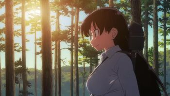 1girl animated anime_screenshot arato_nagi between_breasts black_hair blue_eyes bouncing_breasts breasts highres large_breasts long_hair outdoors ruri_no_houseki shirt sound strap_between_breasts tagme video walking white_shirt