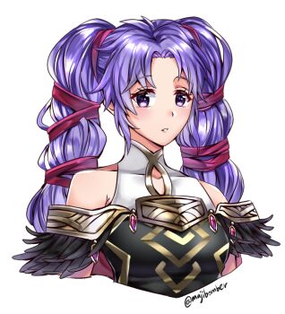 1girl alternate_costume commentary_request cosplay fire_emblem fire_emblem:_genealogy_of_the_holy_war fire_emblem_heroes long_hair looking_at_viewer maji_(majibomber) nintendo purple_eyes purple_hair simple_background solo tailtiu_(fire_emblem) tailtiu_(fire_emblem)_(cosplay) tailtiu_(resplendent)_(fire_emblem) tine_(fire_emblem) twintails twitter_username very_long_hair white_background