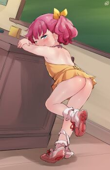 1girl ass bent_over blue_eyes blush bobby_socks born-to-die chalkboard classroom closed_mouth dress eyebrows fang fang_out female_focus fingernails flat_chest full_body hair_ornament hair_ribbon half-closed_eyes highres leaning_forward leg_lift loli looking_at_viewer looking_back naughty_face panties panties_around_leg pink_hair red_hair ribbon shoes smile sneakers socks solo standing table tagme underwear white_panties white_socks yellow_dress yellow_ribbon