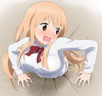 1girl blonde_hair blush bow bowtie brown_eyes commentary commission doma_umaru dress_shirt english_commentary engrish_commentary frown himouto!_umaru-chan komatsu_(sakanae) long_hair long_sleeves looking_back mixed-language_commentary open_mouth pixiv_commission red_bow red_bowtie shirt solo stuck through_wall white_shirt