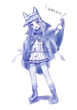 Rule 34 | 1girl, boots, cape, card, count military uniform, fang, girls und panzer, girls und panzer momi no ki to tetsu no hane no majo, haiiro purin, hat, holding, holding card, jacket, lace-up boots, long hair, marina constantinescu, miniskirt, skirt, translation request