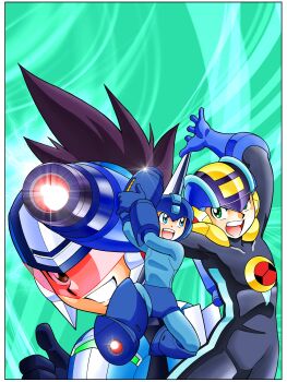 3boys absurdres arm_cannon blue_bodysuit blue_eyes blue_helmet bodysuit brown_hair close-up cowboy_shot full_body green_background green_eyes helmet highres in-franchise_crossover male_focus mega_man_(character) mega_man_(classic) mega_man_(series) mega_man_battle_network_(series) mega_man_star_force_(series) megaman.exe multiple_boys red-tinted_eyewear simple_background star_force_mega_man takamisaki_ryou thumbs_up tinted_eyewear weapon