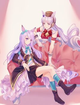 2girls absurdres animal_ears aqua_bow aqua_bowtie aqua_ribbon aqua_socks armband black_jacket black_skirt blunt_bangs blush bow bowtie breasts brown_hat camellia_(camel_mal) closed_mouth coat commentary_request couch dress ear_bow ear_ribbon frilled_coat frilled_jacket frills gloves gold_ship_(red_strife)_(umamusume) gold_ship_(umamusume) green_bow green_bowtie green_socks grey_hair hat highres horse_ears horse_girl horse_tail jacket long_hair long_sleeves medium_breasts mejiro_mcqueen_(frontline_elegance)_(umamusume) mejiro_mcqueen_(umamusume) midriff_peek multiple_girls on_couch open_mouth pillbox_hat pleated_skirt purple_bow purple_eyes purple_hair red_bow red_bowtie red_dress ribbon shirt sitting skirt sleeveless sleeveless_dress smile socks striped_armband striped_clothes striped_shirt tail umamusume white_gloves