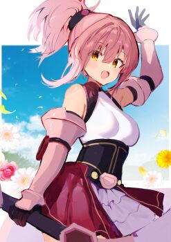 1girl absurdres bare_shoulders black_gloves breasts cloud cloudy_sky commentary_request commission cosmic_break flower gloves high_ponytail highres looking_at_viewer medium_breasts melfi pink_hair ponytail sky smile umetoumeto yellow_eyes