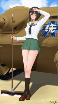 1girl absurdres arm_up artist_name black_hair black_neckerchief black_socks blue_sky broom brown_shoes cloud emblem full_body girls_und_panzer green_skirt highres holding holding_broom jagdpanzer_38(t) kawashima_momo loafers long_sleeves looking_at_viewer medium_hair military_vehicle monocle motor_vehicle neckerchief ooarai_(emblem) ooarai_school_uniform oslight outdoors pleated_skirt sailor_collar school_uniform shirt shoes short_hair skirt sky smile soap_bubbles socks solo standing tank white_sailor_collar white_shirt