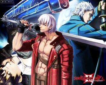 Rule 34 | 1girl, 2boys, absurdres, artist name, black gloves, black hair, blue coat, blue eyes, coat, copyright name, dante (devil may cry), devil may cry, devil may cry (series), devil may cry 3, ebony &amp; ivory, fingerless gloves, gloves, highres, holding, holding sword, holding weapon, lady (devil may cry), mauro unit 1, multiple boys, no shirt, rebellion (sword), red coat, scar, scar on face, scar on nose, smile, sword, vergil (devil may cry), weapon, white hair, yamato (sword)