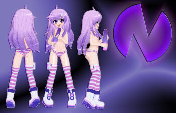10s 1girl 3d blue_eyes blue_hair d-pad dildo female_focus flat_chest full_body gs-mantis hair_ornament highres loli long_hair looking_at_viewer multiple_views nail_polish navel nepgear neptune_(series) nipples open_mouth panties sex_toy shoes standing striped_clothes striped_legwear striped_panties underwear