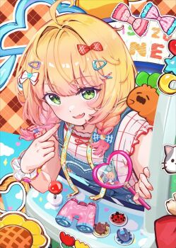 1girl ahoge amakumo517 arcade binoculars blonde_hair blue_ribbon blunt_bangs braid commentary denim_overalls fang frilled_shirt frills from_above gradient_hair green_eyes hair_ornament hair_ribbon hairclip hand_rest hashtag-only_commentary hololive long_hair looking_at_viewer low_twin_braids magnifying_glass momosuzu_nene momosuzu_nene_(7th_costume) multicolored_hair nekko_(momosuzu_nene) official_alternate_costume official_alternate_hairstyle on_shoulder open_mouth pink_hair plaid_clothes plaid_ribbon plaid_shirt pointing pointing_at_self red_ribbon ribbon shirt sidelocks skin_fang smile through_medium twin_braids virtual_youtuber white_shirt