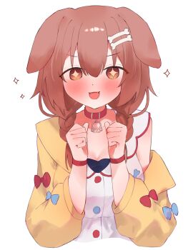+_+ 1girl absurdres blush bone_hair_ornament brown_eyes brown_hair collar commentary_request dress hair_ornament highres hololive inugami_korone inugami_korone_(1st_costume) jacket looking_at_viewer medium_hair open_mouth red_collar smile solo tepenchi virtual_youtuber white_background white_dress yellow_jacket