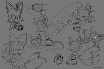 6+boys animal_ears animal_nose blue_eyes chili_dog commentary english_commentary fantasy flying food fox_boy fox_ears fruit furry furry_male gloves headband highres male_focus mechanical_arms mechanical_tentacles monochrome multiple_boys multiple_tails nine_(sonic) partially_colored piriiwana plug science_fiction short_sleeves simple_background sketch sleeping smile sonic_(series) sonic_boom_(series) sonic_prime strawberry swinging tail tails_(sonic) two_tails zzz