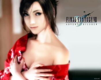 Rule 34 | 00s, 1990s (style), 1girl, 3d, bare shoulders, black eyes, black hair, breasts, cleavage, female focus, final fantasy, final fantasy vii, final fantasy vii: advent children, lips, off shoulder, retro artstyle, robe, solo, tagme, tifa lockhart, upper body