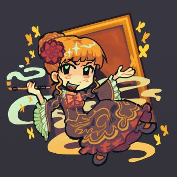 1girl beatrice_(umineko) black_dress chibi chibi_only commentary dress english_commentary flower frilled_dress frills full_body hair_bun hair_flower hair_ornament highres kiseru looking_at_viewer oneinhiding open_mouth red_flower red_hair smoke smoking_pipe solo umineko_no_naku_koro_ni