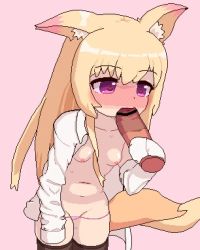 1girl animal_ears animated bkrg blonde_hair blush breasts disembodied_penis fellatio heart heart-shaped_pupils hetero loli looping_animation lowleg lowleg_panties navel nipples open_clothes open_shirt oral panties penis pixel_art purple_eyes sex shirt small_breasts sweat symbol-shaped_pupils tail tail_wagging thighhighs underwear video white_shirt