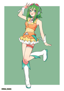 Rule 34 | 1girl, absurdres, artist name, boots, border, chime ikatako, commentary request, cropped jacket, full body, garter belt, goggles, goggles on head, green background, green eyes, green hair, gumi, headset, highres, jacket, knee boots, looking at viewer, open mouth, orange jacket, orange skirt, outside border, short hair with long locks, simple background, skirt, sleeveless, sleeveless jacket, solo, vocaloid, white boots, white border, white wrist cuffs, wrist cuffs