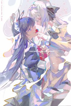 2girls absurdres apron back_bow black_bow black_bowtie black_ribbon black_thighhighs blue_dress blue_eyes blue_hair bound bound_wrists bow bowtie braid character_request check_character closed_mouth collar collared_dress colored_eyelashes commentary_request copyright_name dress flower french_braid frilled_dress frilled_sleeves frills from_side hair_bow hair_ribbon hananomiya_mizuho highres holding holding_flower looking_at_viewer maid_headdress multiple_girls red_eyes red_flower red_ribbon red_rose ribbon romaji_text rose sakurakouji_luna sixii smile thighhighs tsuki_ni_yorisou_otome_no_sahou white_apron white_background white_bow white_collar white_hair white_headdress yellow_dress yuri zettai_ryouiki