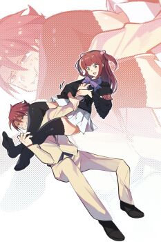 1boy 1girl armband armbar belt blue_eyes bow brother_and_sister cicococo commentary_request cross formal_clothes hair_bobbles hair_ornament hand_on_another&#039;s_chest highres holding jacket korean_commentary long_hair necktie purple_bow red_hair short_hair siblings skirt struggling suit thighhighs twintails two_side_up umineko_no_naku_koro_ni ushiromiya_ange ushiromiya_battler white_skirt white_suit wrestling zoom_layer