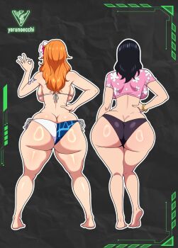 2026 2girls absurdres ass back back-tie_bikini backboob bare_legs barefoot bikini bikini_bottom_only black_hair breasts butt_crack curvy facing_away feet floral_print_shirt flower freshnsfw from_behind hair_flower hair_ornament highres huge_ass long_hair midriff money_gesture multicolored_bikini multiple_girls nami_(one_piece) nico_robin official_alternate_costume one-hour_drawing_challenge one_piece one_piece_film:_gold orange_hair pink_shirt shirt sideboob standing swimsuit thighs thong thong_bikini two-tone_bikini wavy_hair wide_hips