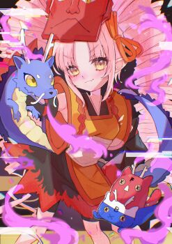 1girl 3others absurdres bare_shoulders bike_shorts black_dress black_shorts black_sleeves blush chinese_zodiac creature detached_sleeves dragon dress drill_hair eastern_dragon fang feet_out_of_frame glitch hair_ribbon hand_on_own_hip hand_up highres irodorikaeru japanese_clothes kimono kimono_dress long_hair long_sleeves mask mask_on_head multicolored_dress multiple_others onikko_hunter_tsuina-chan orange_dress orange_eyes orange_ribbon parted_bangs pink_hair pointy_ears red_dress red_mask red_sleeves ribbon sash shorts skin_fang smile stuffed_animal stuffed_toy tsuina-chan tsurime twin_drills v-shaped_eyebrows very_long_hair voiceroid white_sash wide_sleeves year_of_the_dragon