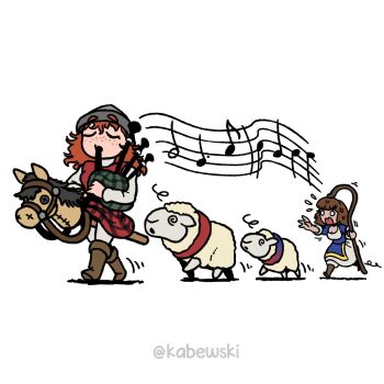 @_@ age_of_empires_(series) age_of_empires_ii bagpipes blanket boots brown_hair brown_horse flying_sweatdrops freckles helmet highres hobby_horse instrument kabewski multiple_girls musical_note orange_hair quilt scout_cavalry_(aoe2) sheep shepherd villager_(age_of_empires_ii) white_background