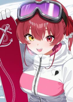 Rule 34 | 1girl, absurdres, alternate costume, anchor print, breasts, breath, commentary request, eyewear on head, gloves, goggles, heart, heart print, heterochromia, highres, holding snowboard, hololive, houshou marine, jacket, kinoshita niko, large breasts, looking at viewer, open mouth, red eyes, red hair, ski goggles, smile, snowboard, solo, teeth, twintails, upper body, upper teeth only, virtual youtuber, white gloves, white jacket, yellow eyes, zipper pull tab