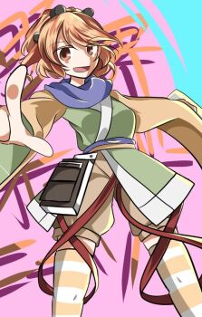 Rule 34 | 1girl, androgynous, bad id, bad pixiv id, baggy pants, black hairband, breasts, brown eyes, brown shorts, commentary request, cowboy shot, dot nose, genderswap, genderswap (otf), green kimono, hair rollers, hairband, happy, image sample, jandare, japanese clothes, kimono, len'en, long sleeves, looking at viewer, medium breasts, open mouth, orange hair, orange pantyhose, orange sleeves, pants, pantyhose, pink background, pixiv sample, pointing, pointing at viewer, purple scarf, red ribbon, ribbon, scarf, short hair, short kimono, shorts, smile, solo, standing, striped clothes, striped pantyhose, two-sided sleeves, two-tone pantyhose, white pantyhose, zuifeng tenkai