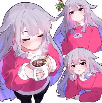 1girl alternate_costume black_pants blush closed_eyes closed_mouth clulless colored_inner_hair cup grey_hair hair_flaps highres holding holding_cup hololive hololive_english hot_chocolate jewel_under_eye koseki_bijou long_hair multicolored_hair pants pink_hair purple_eyes red_sweater sidelocks sweater very_long_hair virtual_youtuber