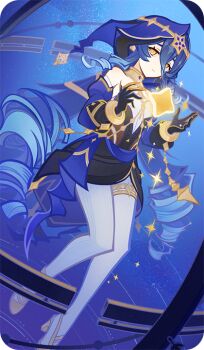 1girl bad_source bags_under_eyes bare_shoulders black_gloves blue_hair blue_hood blue_sleeves bright_pupils claw_ring closed_mouth detached_sleeves drill_hair drill_sidelocks genshin_impact gloves gold_shoes gold_thighlet hair_between_eyes hands_up hood hood_up jewelry layla_(genshin_impact) long_hair looking_at_viewer official_art pantyhose pointy_ears shoes sidelocks solo thighlet twin_drills very_long_hair white_pantyhose white_pupils yellow_eyes