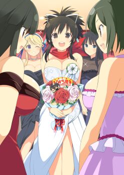 1girl 5girls :d armpit_crease asuka_(senran_kagura) black_dress black_hair blonde_hair blue_eyes blue_ribbon blunt_bangs blush bouquet breasts bride brown_eyes brown_hair character_doll cleavage closed_mouth collarbone doll dress flower frilled_dress frills gem green_eyes green_gemstone hair_ribbon hime_cut homura_(senran_kagura) ikaruga_(senran_kagura) indoors jewelry katsuragi_(senran_kagura) large_breasts leaf long_hair looking_at_viewer mai_(senran_kagura) multiple_girls necklace official_art one_eye_closed open_mouth parted_lips pearl_necklace pink_dress pink_flower pink_rose ponytail red_dress red_eyes red_flower red_ribbon red_rose red_scarf ribbon rose scarf senran_kagura senran_kagura_new_wave senran_kagura_shoujo-tachi_no_shin&#039;ei shiny_skin short_hair short_ponytail smile sparkle swept_bangs teeth tsubaki_(senran_kagura) upper_teeth_only very_long_hair wedding_dress white_dress white_flower white_ribbon