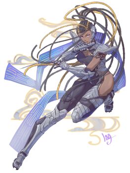 1girl absurdres arm_guards armor artist_name boots breasts cornrows dark-skinned_female dark_skin dreadlocks forehead full_body gauntlets gloves groin headgear highres lag_(wo76_a) large_breasts leotard master_raven ninja purple_eyes revealing_clothes shoulder_armor simple_background solo tekken tekken_7 very_dark_skin white_background